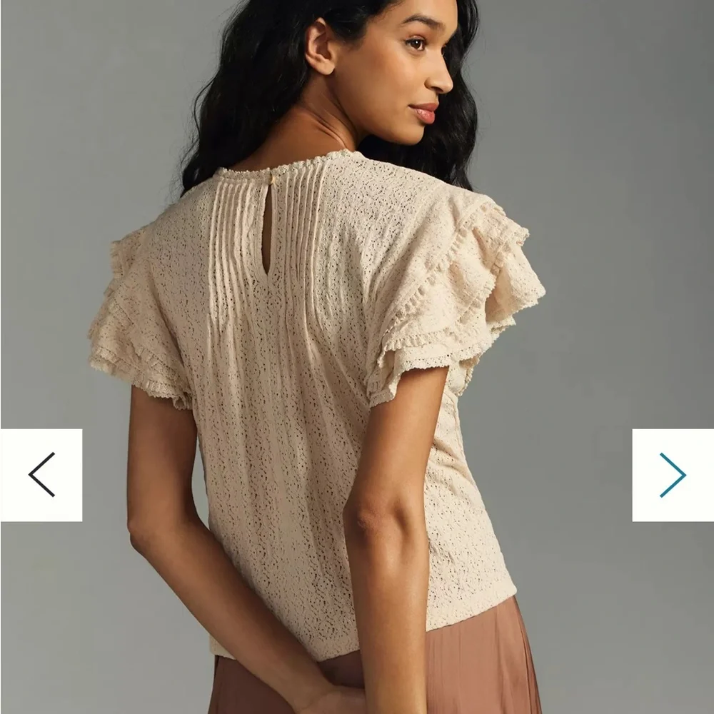 Anthropologie Ruffle Sleeved Cream Lace Blouse - Picture 4 of 13